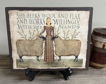 Primitive Woman, Sheep Wool & Flax Folk Art, Handcrafted Wooden Sign