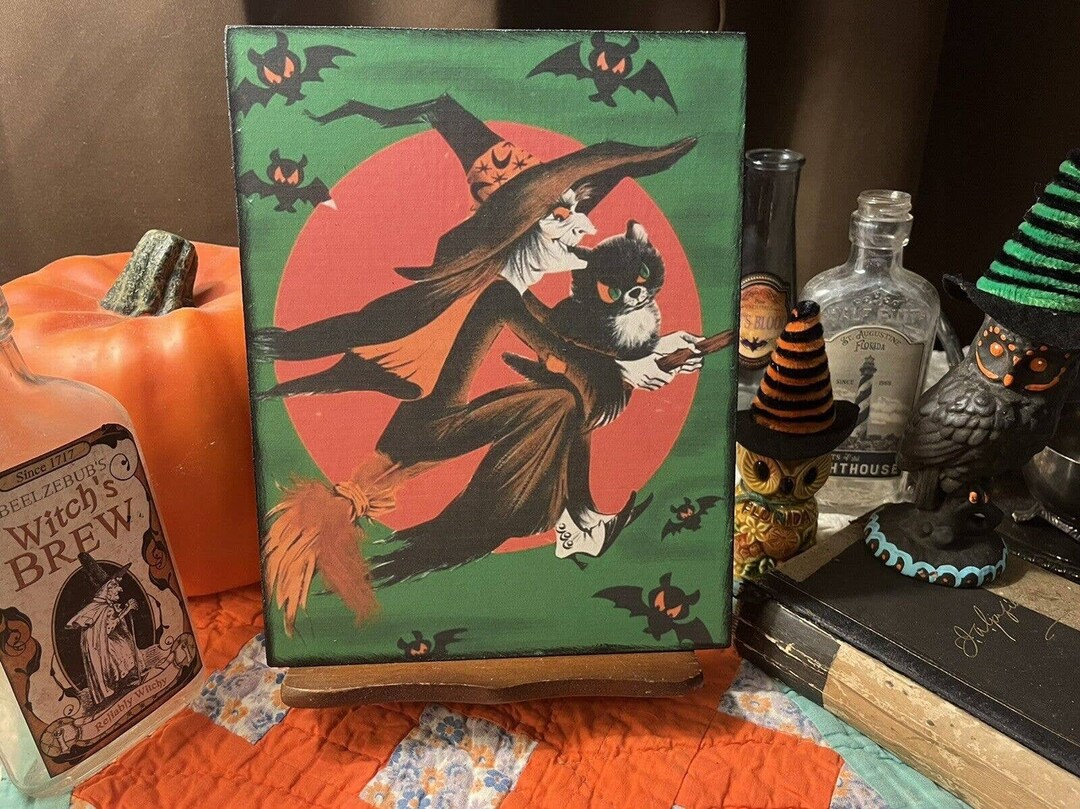 Kitschy Halloween, Witch Riding Broom W/ Cat RETRO Handcrafted Plaque