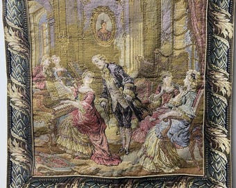 Vintage Victorian Craye French Tapestry Ladies and Gents In Piano Parlor