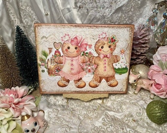 Shabby Chic Pink Gingerbread Couple Cottage Christmas Handcrafted Plaque Sign A