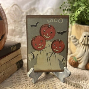 BOO 3 Ghosts JOL, Retro Halloween, Handcrafted MINI Plaque / Sign