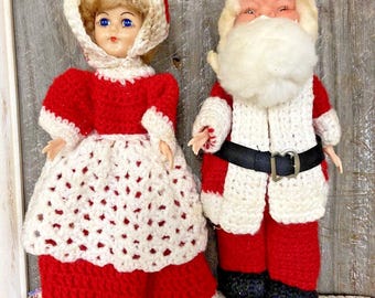 Vintage Mr. and Mrs. Santa Claus Dolls Handmade Knit Crochet
