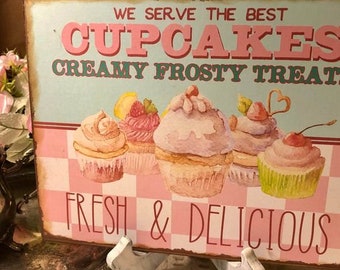 Retro Cupcakes, Handcrafted Plaque / Sign 8x10