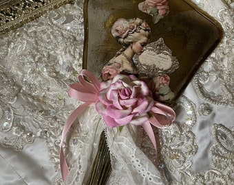 Shabby Chic French Cottage Antique Vanity Hand Mirror, Lady Roses