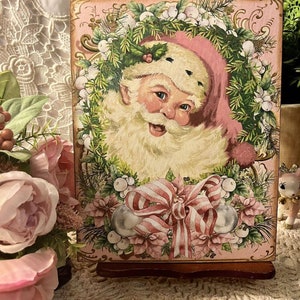 Pretty Pink Santa, Shabby Chic Christmas, Handcrafted Plaque / Sign