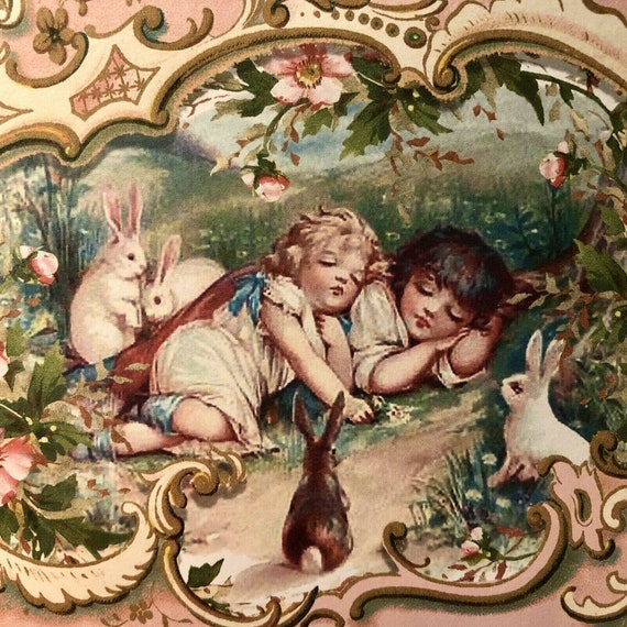 Victorian Children Sleeping Bunny Rabbits Shabby Chic Handcrafted