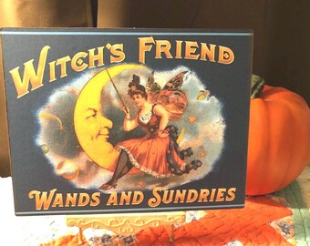 Witch's Friend Wands and Sundries, Vintage Style Halloween, Handcrafted Plaque, Handmade Sign