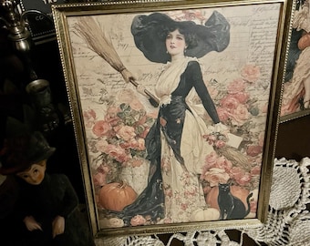 Pretty Victorian Witch , Vintage Gold Frame, Framed Print #1