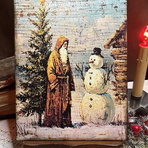 Rustic Santa, Snowman, Old Fashioned Christmas, Handcrafted Plaque / Sign