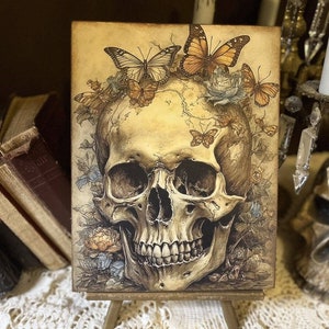 Skull, Butterflies,  Dark, Gothic Romantic Halloween, Handcrafted Plaque / Sign #2