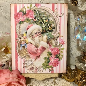 Victorian Pink Santa, Shabby Chic / French Country, Christmas Plaque / Sign