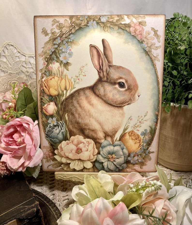 Shabby Chic, Bunny Rabbit, Dreamy Pastels, Flowers HANDCRAFTED Plaque ...