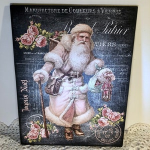 French Santa, Vintage Style, Pink Christmas Handcrafted Plaque / Sign