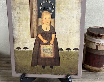 Primitive Folk Art Girl, 1776 Flag, Patriotic, Handcrafted Wooden Sign