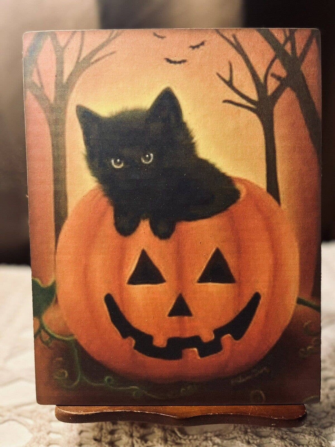 Halloween Black Kitten in Jack O Lantern Pumpkin Handcrafted Plaque ...