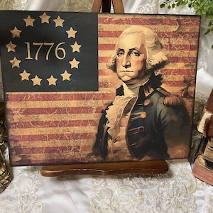 George Washington, 1776 Flag, America, Patriotic Handcrafted Plaque / Sign