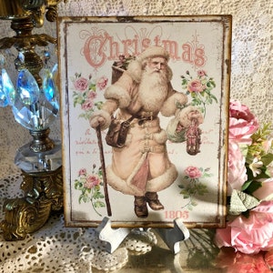 Pink Christmas, Victorian Santa, Shabby Chic Handcrafted Plaque / Sign