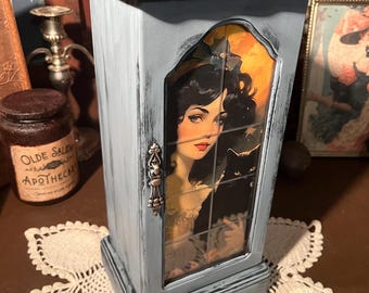 Black Haired Beauty With Black Cat, Wooden Vintage Jewelry Box, Chalk Painted