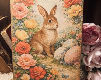 Bunny Rabbit, Easter Eggs & Flowers, Handcrafted Plaque