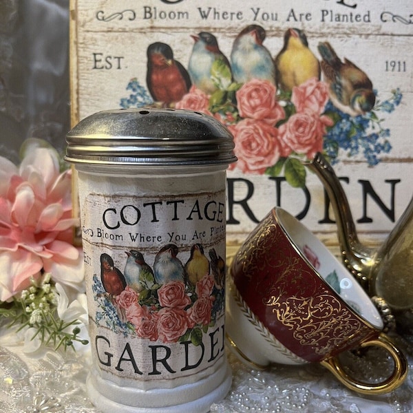 Shabby Chic Vintage Style Kitchen Glass Shaker Jar #6 Cottage Garden Birds