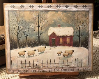 Winter Home, Sheep, Folk Art, Primitive, Handcrafted Plaque / Sign #2