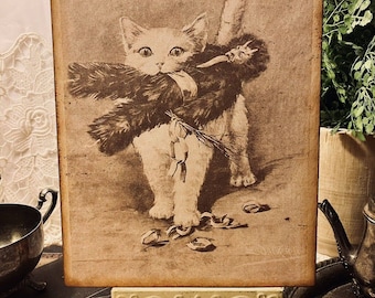 Cat Catches Krampus, Vintage Style Handcrafted Plaque / Sign A