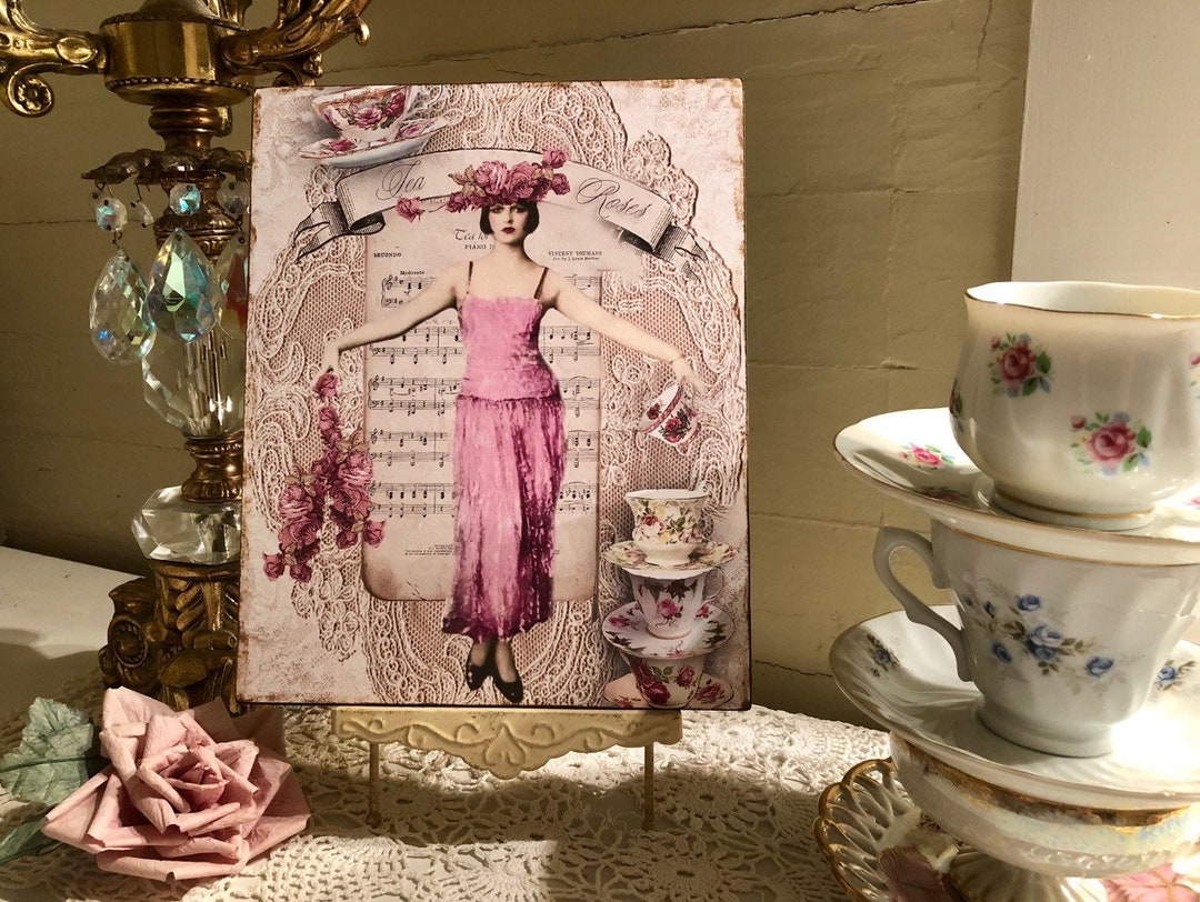 Tea Roses & Tea Cups, Handcrafted Plaque Sign. Shabby Chic, Vintage