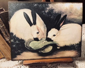 Two Rabbits Eating Cabbage, Handcrafted PLAQUE / SIGN