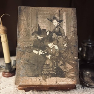 Tres brujas victorianas en una biblioteca. Placa/letrero artesanal vintage de Halloween.