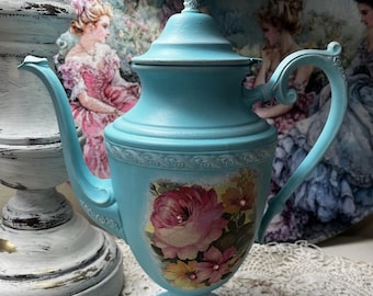 Hand Painted w/ Decoupaged Roses Upcycled, Vintage Silver Plate Tea Pot Cottage