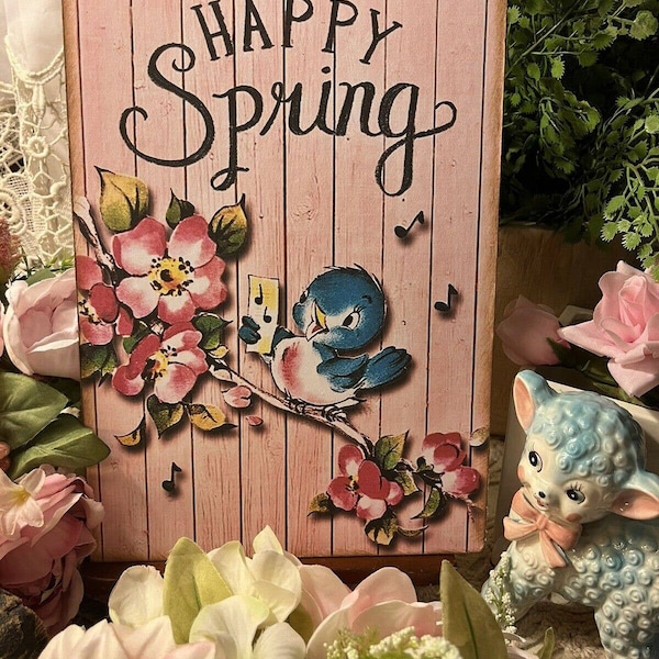 Happy Spring Blue Bird, Retro HANDCRAFTED Plaque / Sign