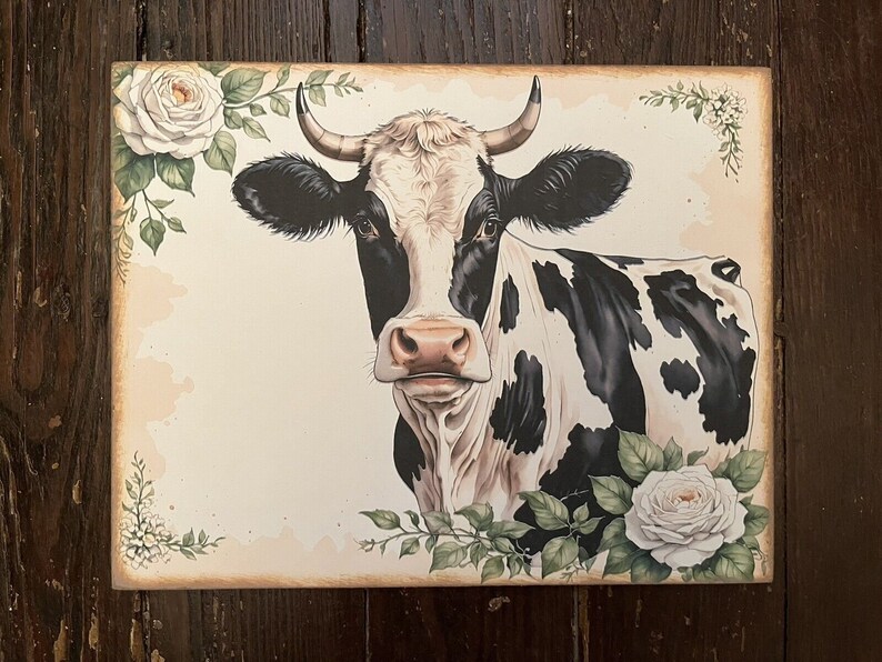 Cow Print Roses Cow, White Roses, Farmhouse Cottage, Handcrafted Plaque / Sign - Etsy