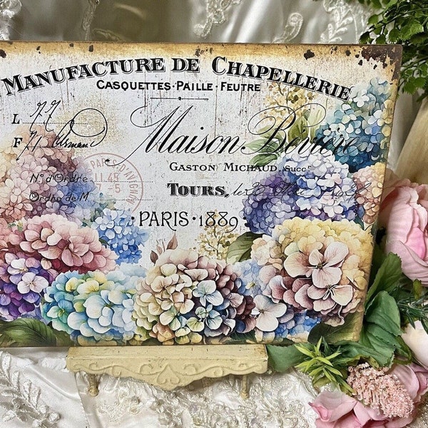 French Hydrangea Shabby Chic PARIS 1889 Handcrafted Plaque / Sign