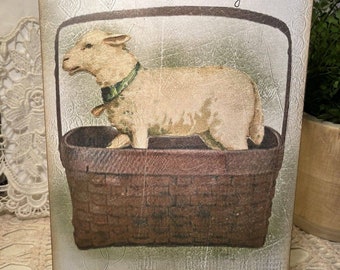 Primitive, Easter Blessings, Lamb in a Basket, HANDCRAFTED Plaque / Sign