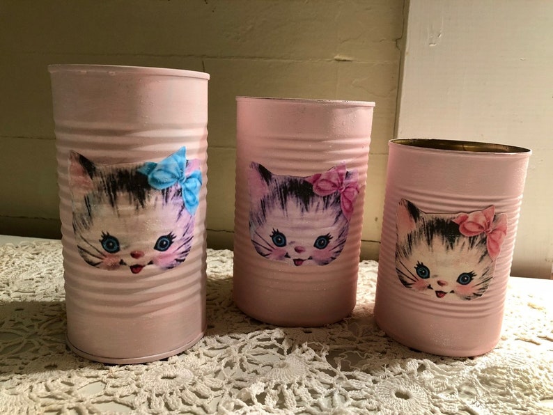 Kitschy Kitty Cat Can Shabby Chic Up cycled Tin Can Retro Etsy
