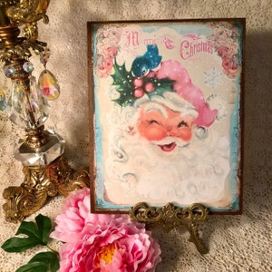 Pink Christmas Santa With Bluebird,  Shabby Chic, Handcrafted Plaque / Sign
