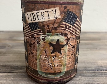 Handcrafted Prim Tin Can, Flags, Liberty, Americana Patriotic, Label Grungy