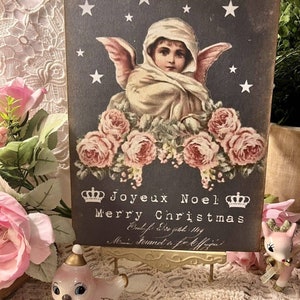 French Angel, Joyeux Noel, Christmas Stars, Handcrafted Plaque / Sign