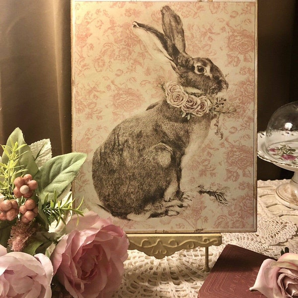 Shabby Chic Bunny Pink Roses Toile HANDCRAFTED Plaque / Sign