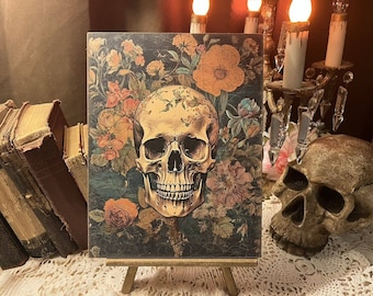 Skeleton, Skull With Flowers, Romantic Halloween, Handcrafted Plaque / Sign #1