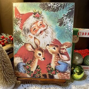 Retro Santa, Reindeers, Cute Kitschy Christmas, Handcrafted Plaque / Sign image 1