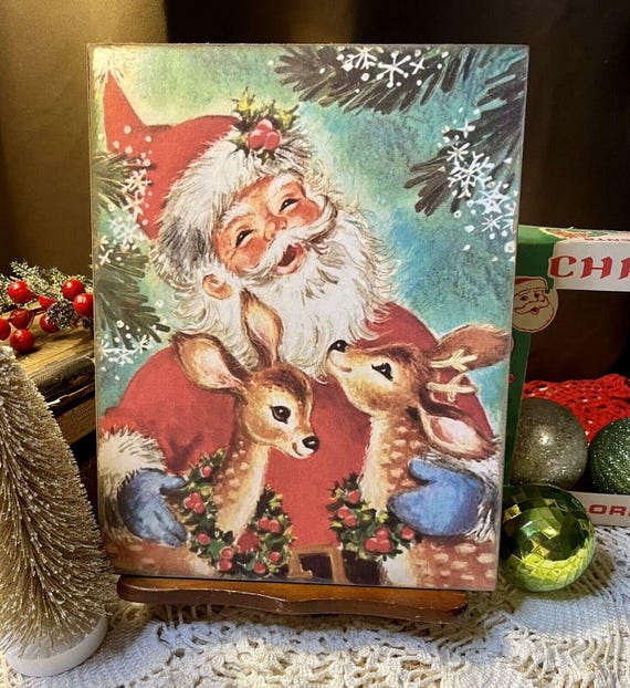 Retro Santa, Reindeers, Cute Kitschy Christmas, Handcrafted Plaque / Sign