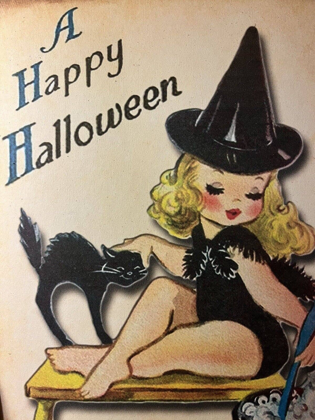 Retro Kitschy Halloween Little Witch Girl With Cat Handcrafted Etsy