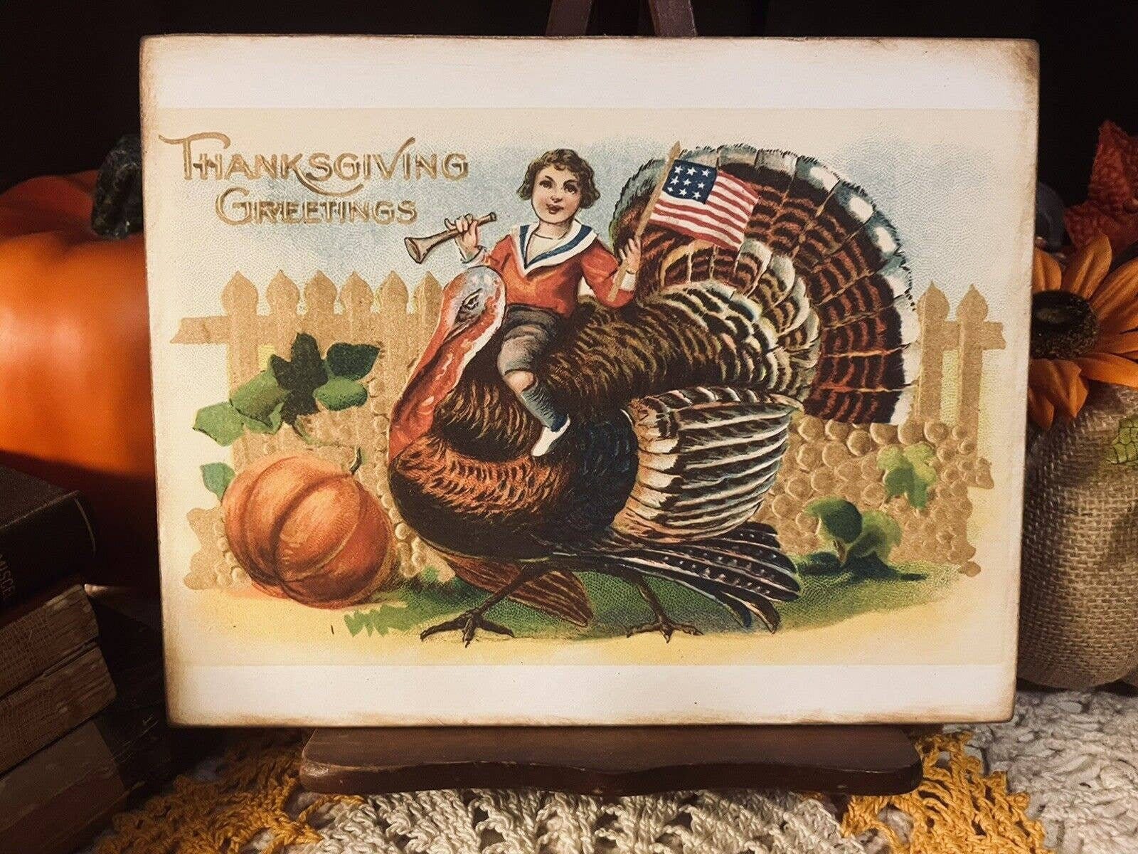 Thanksgiving Greetings, Patriotic Boy Riding Turkey, Handcrafted Plaque ...