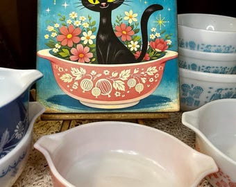Pyrex Bowl, Black Kitty Cute & Kitschy Handcrafted Plaque / Sign #1