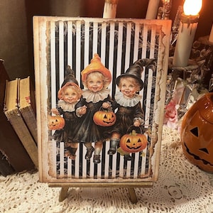 Halloween Little Witches Trick Or Treaters Handcrafted Plaque Sign