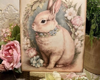 Shabby Chic, Bunny Rabbit, Dreamy Pastels, Flowers HANDCRAFTED Plaque / Sign #1