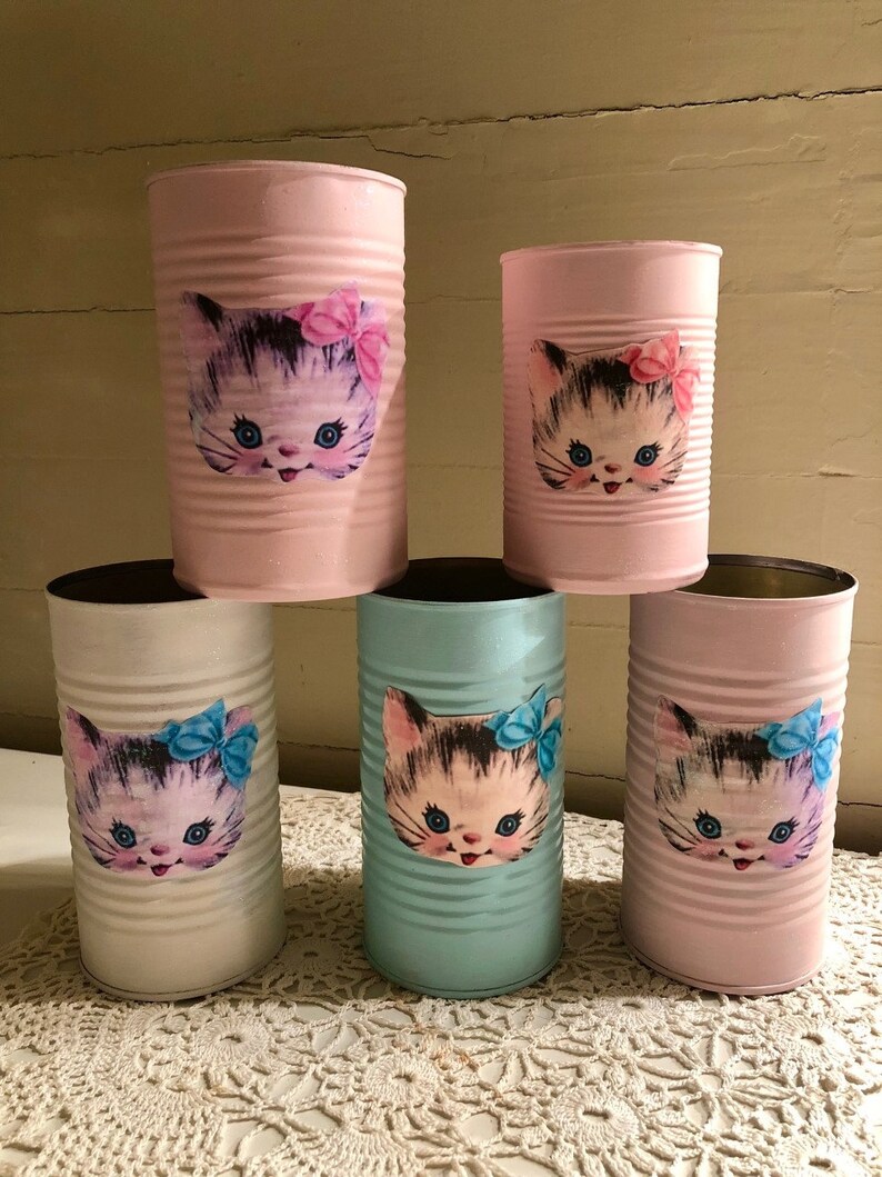 Kitschy Kitty Cat Can Shabby Chic Up cycled Tin Can Retro Etsy