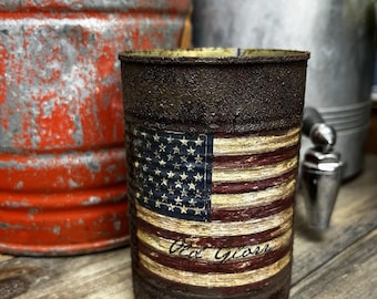 Handcrafted Prim Tin Can, Old Glory Flag, Americana Patriotic, Label Grungy