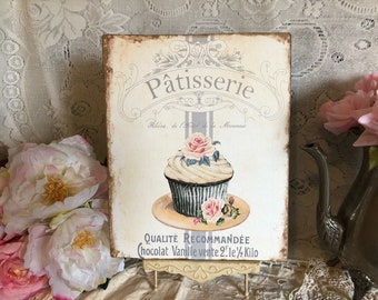 Cupcake, Patisserie, Pink Roses, Shabby Chic Wall Plaque / Sign